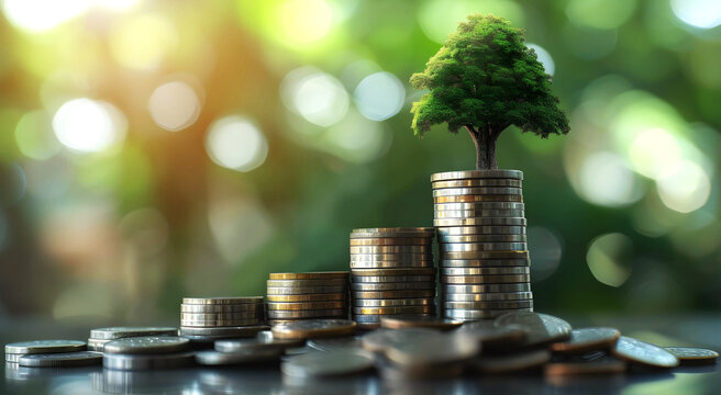 Stack of coins arranged in a row On the coin there is a small tree. business financial growth concept