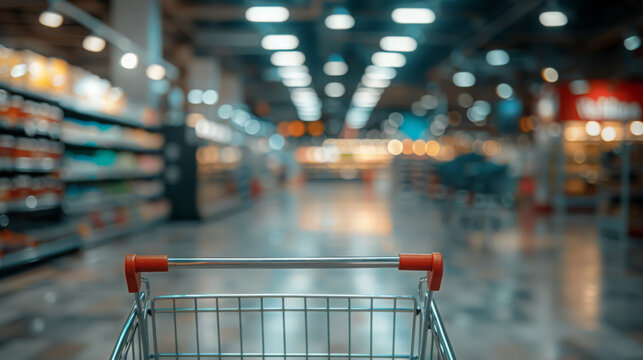 An abstract blurred photo captures the ambiance of a supermarket, with an empty shopping cart in the foreground.