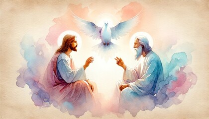 The Holy Trinity: the Father, the Son, and the Holy Spirit. Digital watercolor painting. - obrazy, fototapety, plakaty