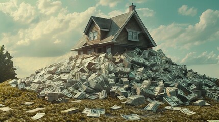 A conceptual image of a house buried under a mountain of dollar bills symbolizing wealth