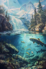 River and waterfall in northern forest with fishes under clear water