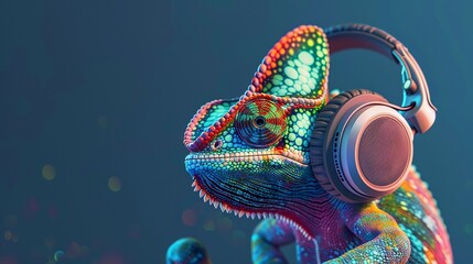 A colorful chameleon with headphones