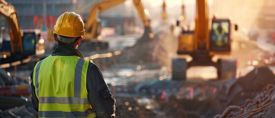 A construction supervisor in reflective gear stands overlooking a busy worksite with heavy machinery in operation