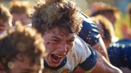 Obraz premium The exhilaration and adrenaline rush of players in a closeup scrum giving their all for victory.
