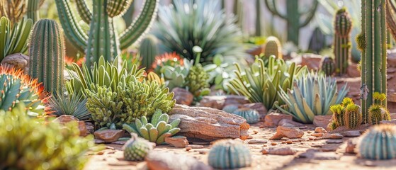 A diverse collection of cactus plants in a desert garden setting