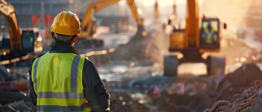 A construction supervisor in reflective gear stands overlooking a busy worksite with heavy machinery in operation