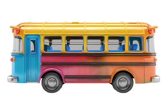 A 3D animated cartoon render of an empty school bus with colorful seats and cartoon characters.