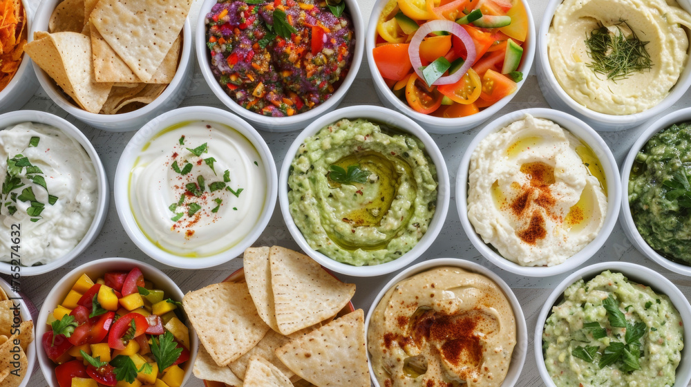 Poster a large selection of dips and spreads such as hummus guacamole and spinach dip served with an array 