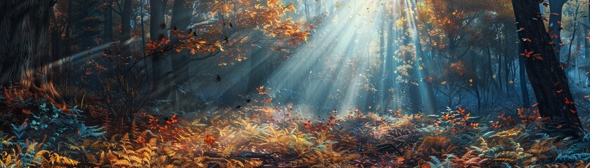 A Panoramic view of sunlight streaming through a dense forest