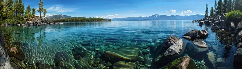 A panoramic view of the crystal clear and tranquil waters of Lake Tahoe surrounded by forested...