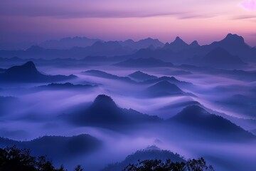 A panoramic view showing the ethereal beauty of mountain silhouettes rising from the mist at dawn. - obrazy, fototapety, plakaty