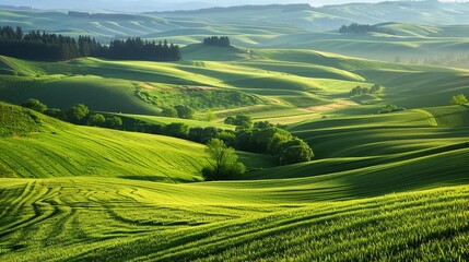 A Rolling green hills of farmland create a soothing pattern of agricultural beauty in a panoramic landscape. - obrazy, fototapety, plakaty