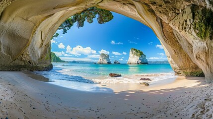 A Sweeping view of the iconic Cathedral Cove beach with its natural rock archway and pristine sandy shores in New Zealand.