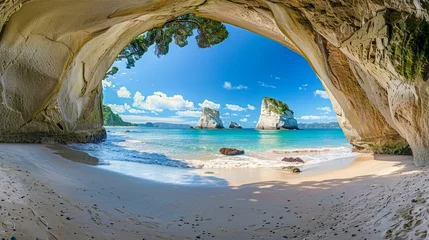 Fotobehang Cathedral Cove A Sweeping view of the iconic Cathedral Cove beach with its natural rock archway and pristine sandy shores in New Zealand.