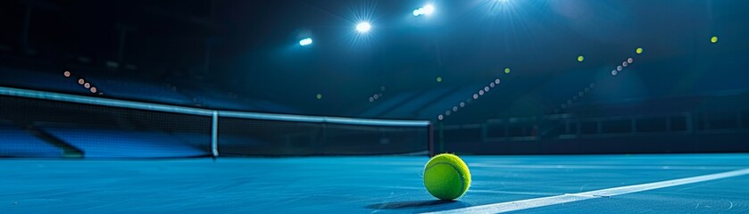 A tennis ball lies on a vibrant blue court under the illumination of bright stadium lights - obrazy, fototapety, plakaty