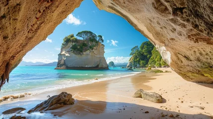 Rolgordijnen Cathedral Cove A Sweeping view of the iconic Cathedral Cove beach with its natural rock archway and pristine sandy shores in New Zealand.
