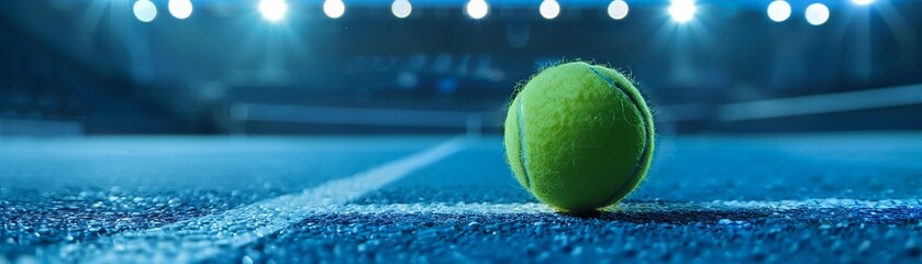 A tennis ball lies on a vibrant blue court under the illumination of bright stadium lights