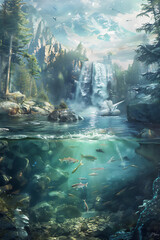 River and waterfall in northern forest with fishes under clear water