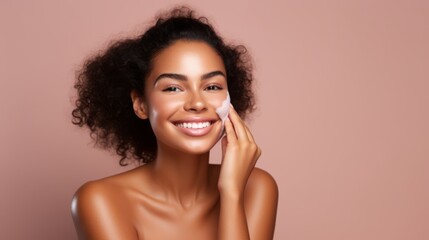 Radiant Beauty. Young Women with Glowing Skin, Skincare Routine, Mask, cream. Portrait on Pink Background - obrazy, fototapety, plakaty