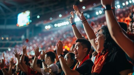 The energetic cheers and chants of rival team supporters create a lively and passionate atmosphere within the stadium. - obrazy, fototapety, plakaty