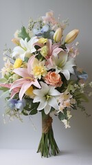 An elegant bouquet of mixed pastel flowers, featuring lilies, tulips, and daisies