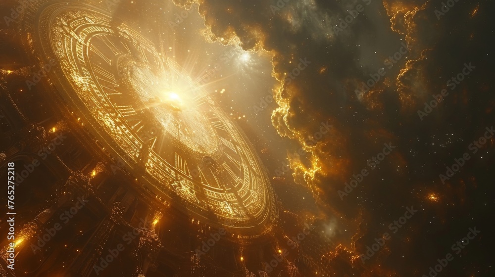 Poster rays of golden light illuminating a clocklike structure floating in a starry night sky depicting the