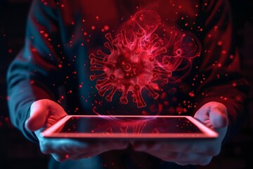 Mann bedient Tablet, rote digitale Viren, Konzept Trojaner und Virus für ein Tablet