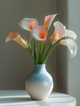 Eine Blumenvase mit mehreren Farben frischer Calla-Lilie auf einem weißen Tisch