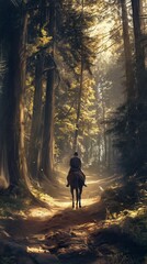 A horse and rider traversing a winding forest trail, surrounded by towering trees and dappled sunlight