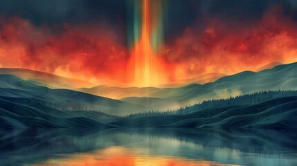 A depiction of a serene landscape with rolling hills and a calm lake at the center. Above the lake a rainbowcolored beam of light shoots up into the sky representing the powerful