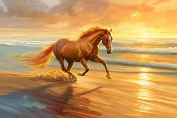 A horse with a flowing mane trotting gracefully along a sandy beach at sunrise - obrazy, fototapety, plakaty