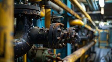 A macro shot of the intricate plumbing system in the maintenance area of the stadium.