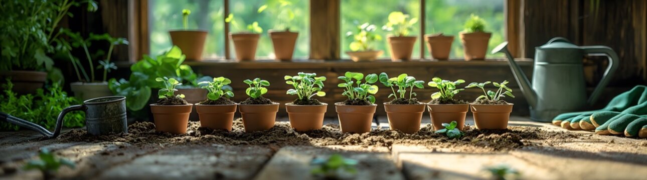 Gartenger&auml;te und Setzlinge auf einem alten Holztisch, Erde und Pflanzen, Gem&uuml;segarten, Konzept Gartenarbeit im Fr&uuml;hling