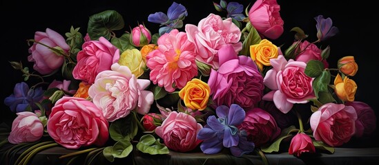 The painting showcases a variety of flowers, including Hybrid tea roses in pink. The bouquet...