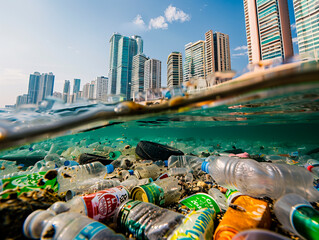 Garbage on the seabed with city in the background.