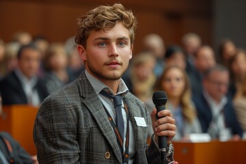 A spokesperson in formal wear is addressing the crowd at an event, holding a microphone connected to a public address system - obrazy, fototapety, plakaty