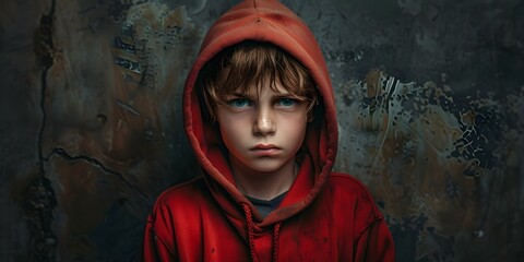 A rebellious boy in a hoodie with urban grunge style captured in a lowkey image with gritty texture. Concept Urban Fashion, Grunge Style, Rebellious Portrait, Lowkey Lighting, Gritty Texture