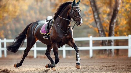 A beautiful horse with a colorful saddle trotting elegantly around an arena during a dressage competition - obrazy, fototapety, plakaty