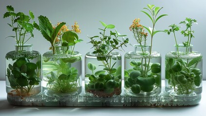 A row of flowerpots filled with terrestrial plants and houseplants, ranging from small grasses to tall flowering trees, sits on a table under the sky