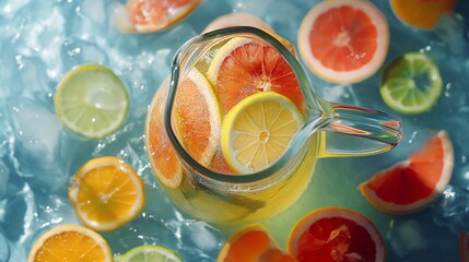 A glass pitcher filled with refreshing lemonade, surrounded by slices of citrus fruit