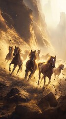 A herd of wild horses running together across a rugged landscape, kicking up dust and rocks - obrazy, fototapety, plakaty