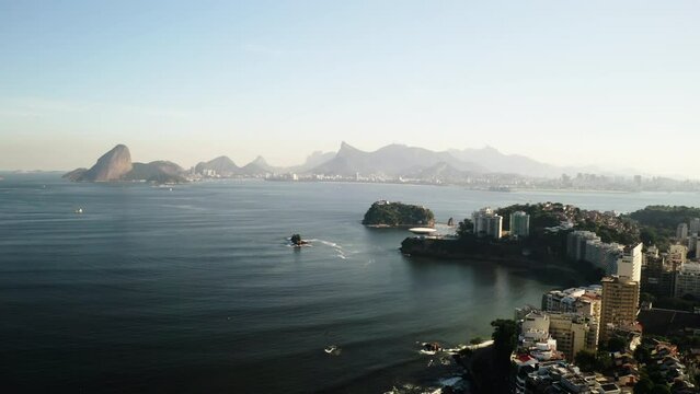 Aerial Panning Scenic View Of Sugarloaf Mountain In Guanabara, Drone Flying Over City - Rio de Janeiro, Brazil