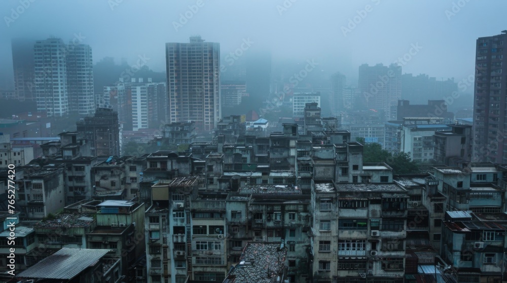 Poster a once vibrant and colorful cityscape now appears dull and lifeless with buildings coated in a layer