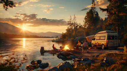 Persons picnic to the lake in summer with camper van