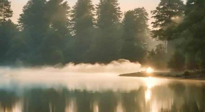 Paint a scene of a serene lakeside morning, with mist rising gracefully from the water's surface as the first light of dawn kisses the tranquil landscape, setting the scene for a day of quiet reflecti