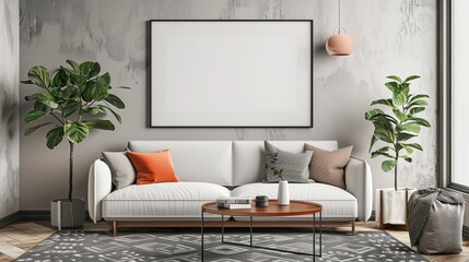 Stylish Interior Living Room with Modern Aesthetic and White Mockup Frame