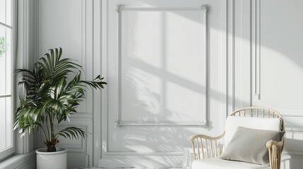 Elegant Interior Mockup: Sunlit Room with Decorative Frame, Lush Plant, and Classic Chair