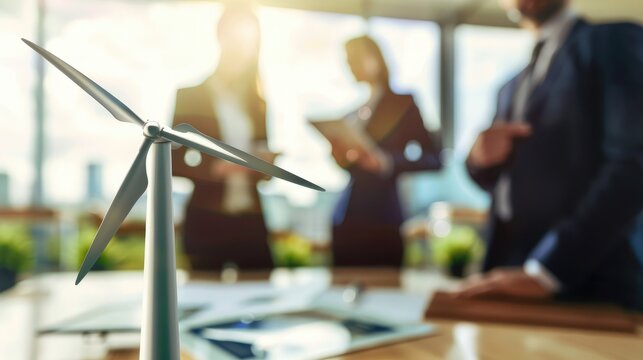 Unfocused investors and technicians in the foreground are talking about generating electricity from wind turbines. Wind farms are an alternative source of electrical energy.
