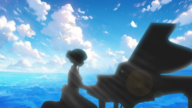 海辺でピアノを弾く女性のシルエット