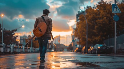 Lonely handsome male musician traveling with guitar